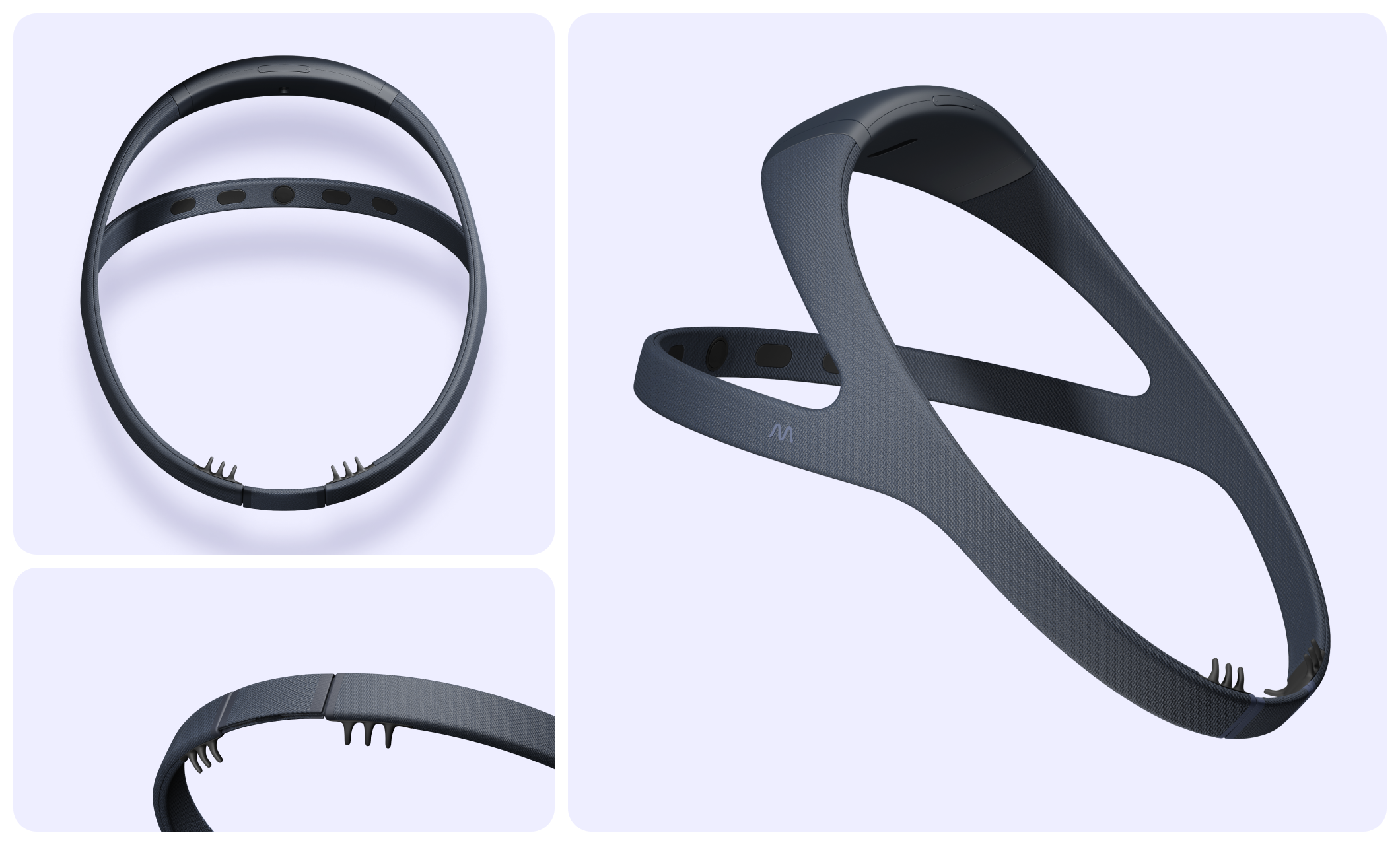 The Dreem 3S Headband shown from top, bottom, and 3/4 views